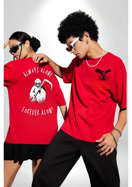 Her Zaman Yalnız Daima Yalnızlık Azrail Kırmızı Oversize Kadın Erkek Ön ve Sırt Baskılı T-Shirt