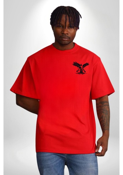 Her Zaman Yalnız Daima Yalnızlık Azrail Kırmızı Oversize Kadın Erkek Ön ve Sırt Baskılı T-Shirt