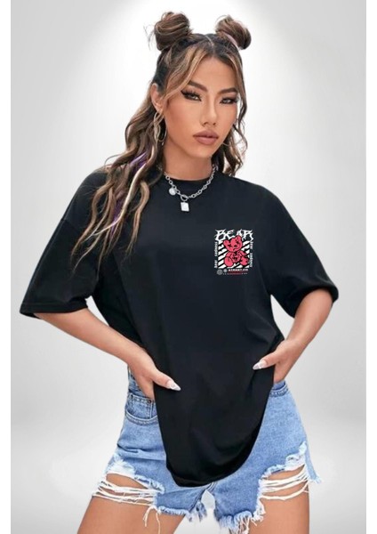 Uyarı Dikkatli Yaklaş Siyah Oversize Kadın Erkek Ön ve Sırt Baskılı T-Shirt fiyatları
