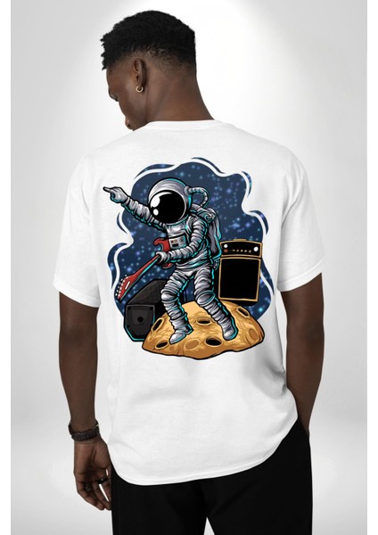 Gitar Astronot Müzik Uzay Beyaz Oversize Kadın Erkek Ön ve Sırt Baskılı T-Shirt fiyatları