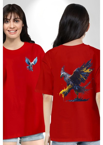 Kara Kartal Sulu Boya Kırmızı Oversize Kadın Erkek Ön ve Sırt Baskılı T-Shirt