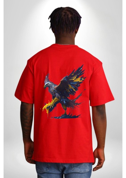 Kara Kartal Sulu Boya Kırmızı Oversize Kadın Erkek Ön ve Sırt Baskılı T-Shirt fiyatları