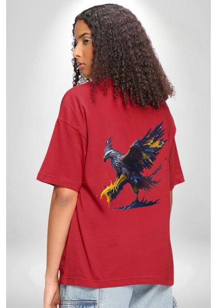 Kara Kartal Sulu Boya Kırmızı Oversize Kadın Erkek Ön ve Sırt Baskılı T-Shirt fırsatları