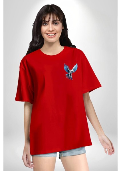 Kara Kartal Sulu Boya Kırmızı Oversize Kadın Erkek Ön ve Sırt Baskılı T-Shirt indirimleri