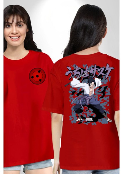 Naruto Shippuden Sasuke Kırmızı Oversize Kadın Erkek Ön ve Sırt Baskılı T-Shirt