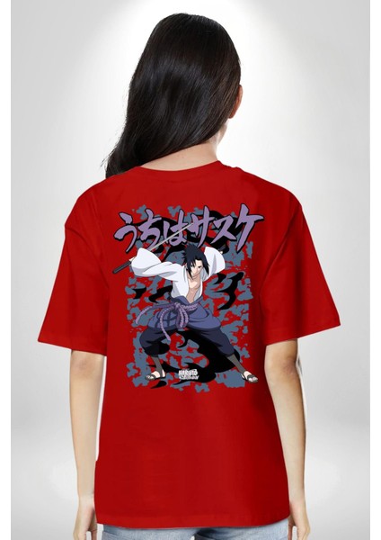 Naruto Shippuden Sasuke Kırmızı Oversize Kadın Erkek Ön ve Sırt Baskılı T-Shirt