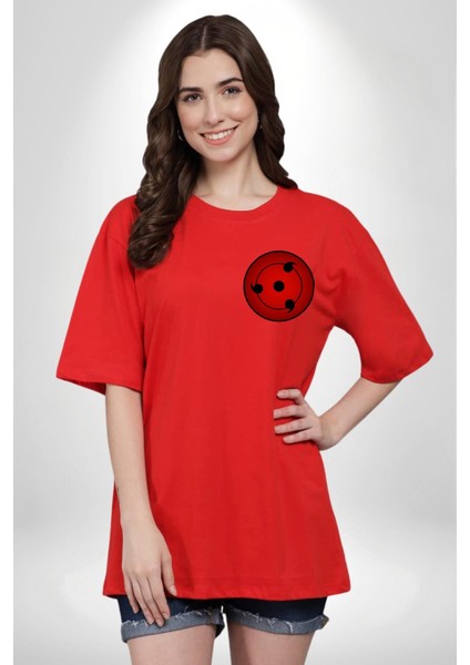 Naruto Shippuden Sasuke Kırmızı Oversize Kadın Erkek Ön ve Sırt Baskılı T-Shirt
