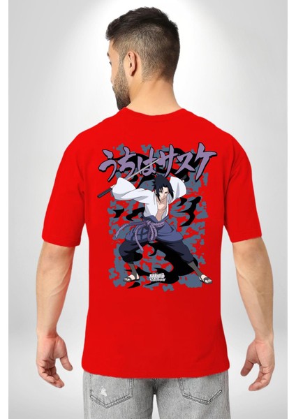Naruto Shippuden Sasuke Kırmızı Oversize Kadın Erkek Ön ve Sırt Baskılı T-Shirt