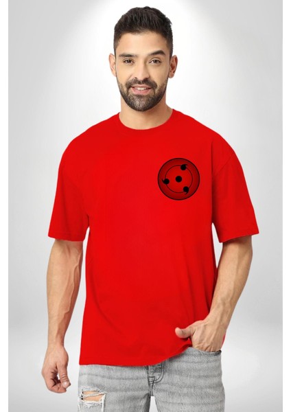 Naruto Shippuden Sasuke Kırmızı Oversize Kadın Erkek Ön ve Sırt Baskılı T-Shirt