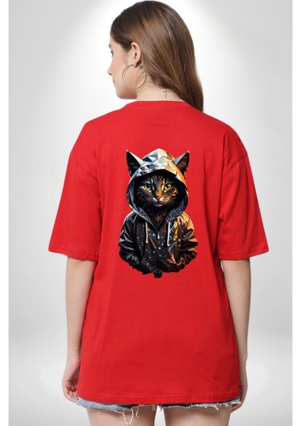 Hip Hop Gençlik Kedi Çeket Kırmızı Oversize Kadın Erkek Ön ve Sırt Baskılı T-Shirt fırsatları