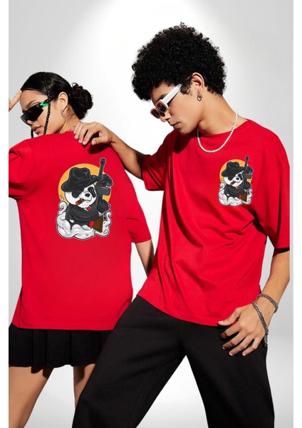 Gangster Panda Kırmızı Oversize Kadın Erkek Ön ve Sırt Baskılı T-Shirt