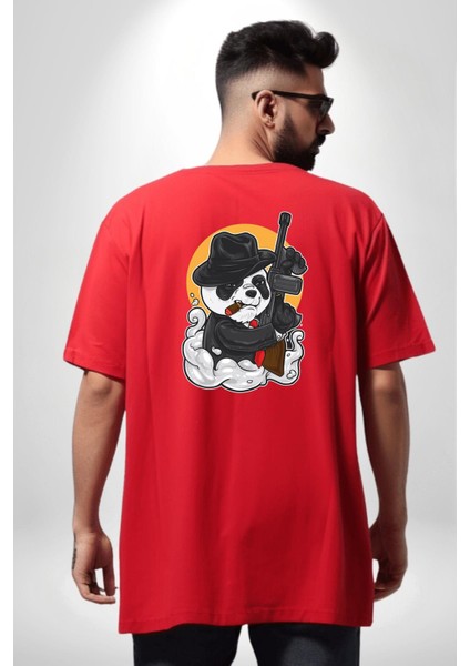 Gangster Panda Kırmızı Oversize Kadın Erkek Ön ve Sırt Baskılı T-Shirt fiyatları