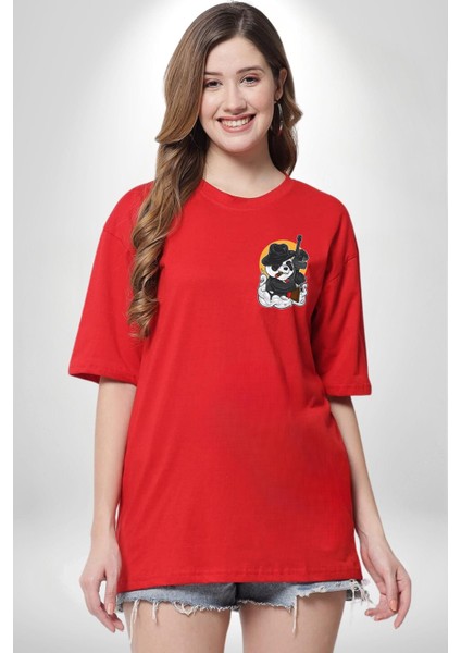 Gangster Panda Kırmızı Oversize Kadın Erkek Ön ve Sırt Baskılı T-Shirt modelleri
