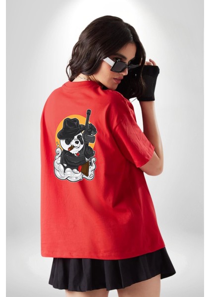 Gangster Panda Kırmızı Oversize Kadın Erkek Ön ve Sırt Baskılı T-Shirt fırsatları