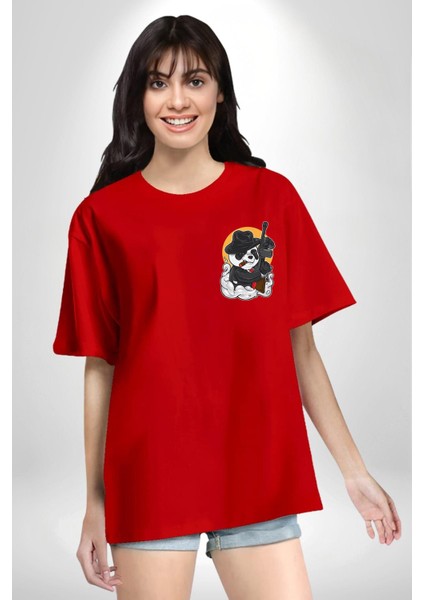 Gangster Panda Kırmızı Oversize Kadın Erkek Ön ve Sırt Baskılı T-Shirt indirimleri