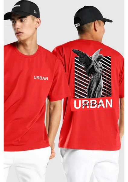 Şehir Sokak Stili Melek Heykeli Kırmızı Oversize Kadın Erkek Ön ve Sırt Baskılı T-Shirt