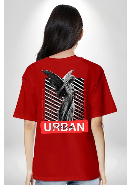 Şehir Sokak Stili Melek Heykeli Kırmızı Oversize Kadın Erkek Ön ve Sırt Baskılı T-Shirt fiyatları