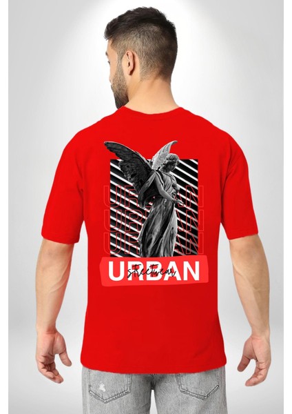 Şehir Sokak Stili Melek Heykeli Kırmızı Oversize Kadın Erkek Ön ve Sırt Baskılı T-Shirt fırsatları