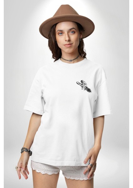 Gezegenler Balon Astronot Yükselişi Beyaz Oversize Kadın Erkek Ön ve Sırt Baskılı T-Shirt indirimleri