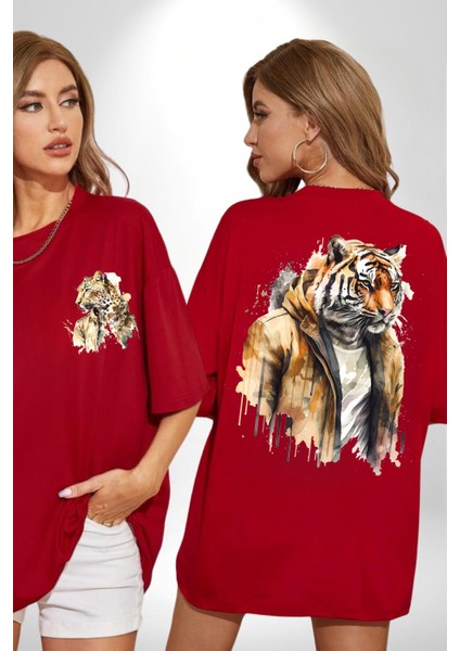 Cool Yakışıklı Kapüşonlu Spor Kaplan Kırmızı Oversize Kadın Erkek Ön ve Sırt Baskılı T-Shirt