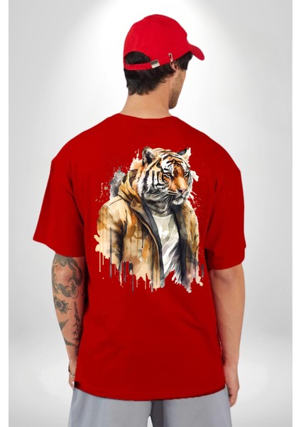 Cool Yakışıklı Kapüşonlu Spor Kaplan Kırmızı Oversize Kadın Erkek Ön ve Sırt Baskılı T-Shirt fiyatları