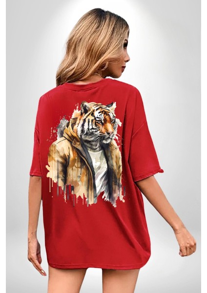 Cool Yakışıklı Kapüşonlu Spor Kaplan Kırmızı Oversize Kadın Erkek Ön ve Sırt Baskılı T-Shirt fırsatları