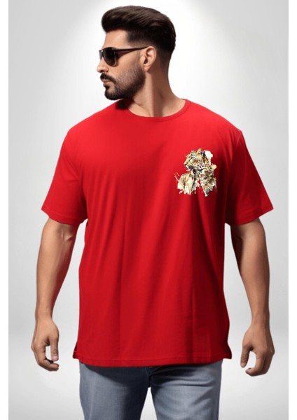 Cool Yakışıklı Kapüşonlu Spor Kaplan Kırmızı Oversize Kadın Erkek Ön ve Sırt Baskılı T-Shirt indirimleri