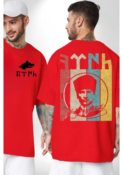 Atatürk Imzalı Türk Logo Kırmızı Oversize Kadın Erkek Ön ve Sırt Baskılı T-Shirt