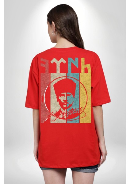 Atatürk Imzalı Türk Logo Kırmızı Oversize Kadın Erkek Ön ve Sırt Baskılı T-Shirt fiyatları