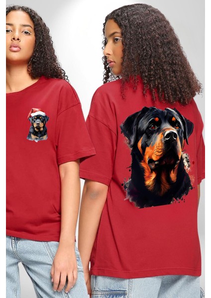 Sulu Boya Rottweiler Kırmızı Oversize Kadın Erkek Ön ve Sırt Baskılı T-Shirt