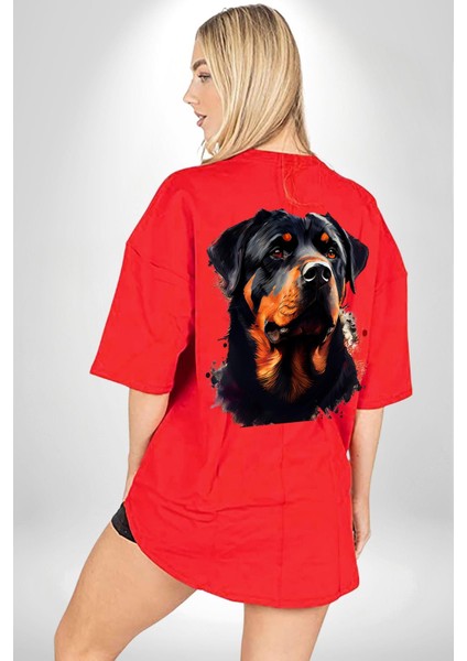 Sulu Boya Rottweiler Kırmızı Oversize Kadın Erkek Ön ve Sırt Baskılı T-Shirt fiyatları