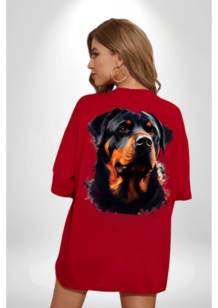 Sulu Boya Rottweiler Kırmızı Oversize Kadın Erkek Ön ve Sırt Baskılı T-Shirt fırsatları