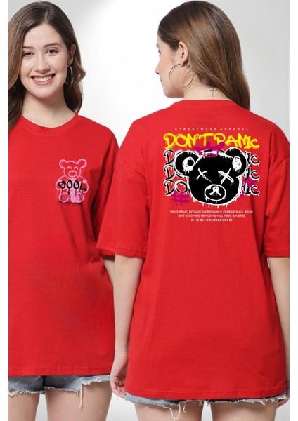 Panik Yok Teddy Kırmızı Oversize Kadın Erkek Ön ve Sırt Baskılı T-Shirt