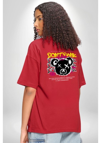 Panik Yok Teddy Kırmızı Oversize Kadın Erkek Ön ve Sırt Baskılı T-Shirt fiyatları