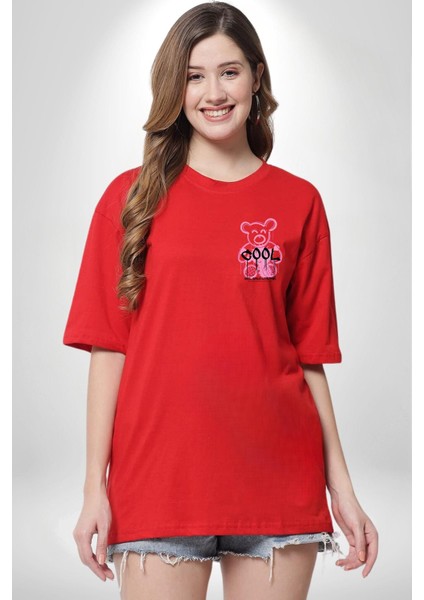 Panik Yok Teddy Kırmızı Oversize Kadın Erkek Ön ve Sırt Baskılı T-Shirt modelleri