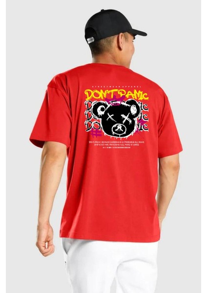 Panik Yok Teddy Kırmızı Oversize Kadın Erkek Ön ve Sırt Baskılı T-Shirt fırsatları