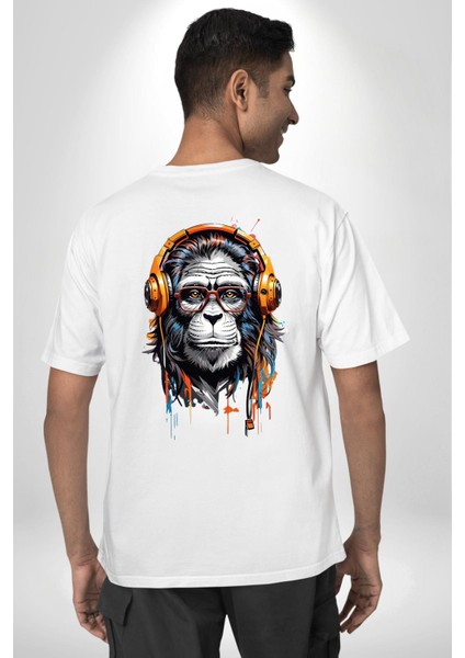 Kulaklık Maymun Müzik Dinliyor Beyaz Oversize Kadın Erkek Ön ve Sırt Baskılı T-Shirt fiyatları