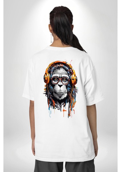 Kulaklık Maymun Müzik Dinliyor Beyaz Oversize Kadın Erkek Ön ve Sırt Baskılı T-Shirt fırsatları