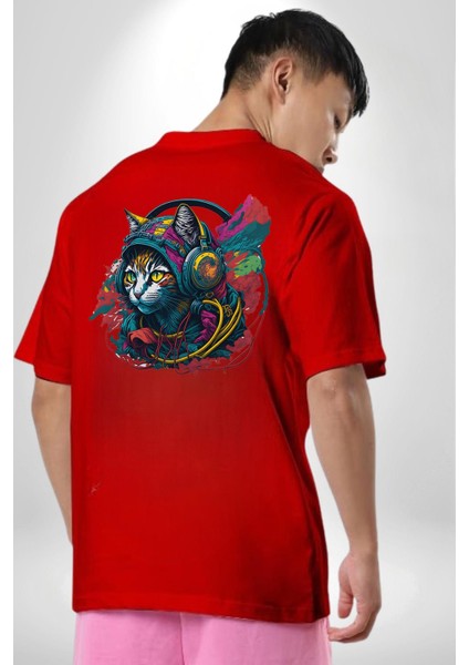 Kulaklık Kedi Müzik Tekir Kırmızı Oversize Kadın Erkek Ön ve Sırt Baskılı T-Shirt fiyatları