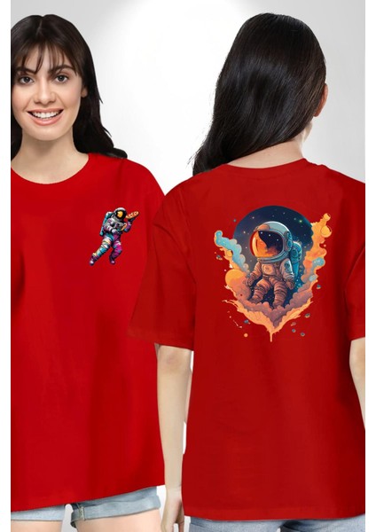 Bulutlar Astronot Uzay Kırmızı Oversize Kadın Erkek Ön ve Sırt Baskılı T-Shirt