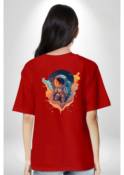 Bulutlar Astronot Uzay Kırmızı Oversize Kadın Erkek Ön ve Sırt Baskılı T-Shirt
