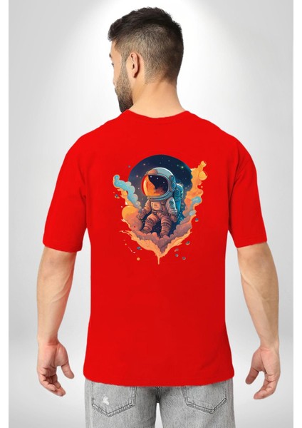Bulutlar Astronot Uzay Kırmızı Oversize Kadın Erkek Ön ve Sırt Baskılı T-Shirt