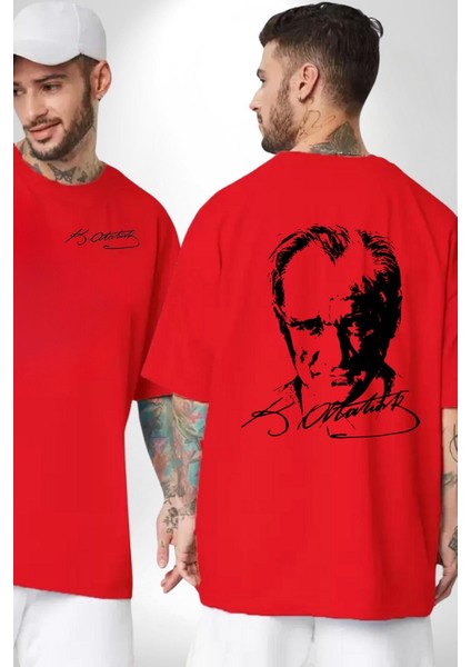 Kemal Atatürk Imza ve Silüet Kırmızı Oversize Kadın Erkek Ön ve Sırt Baskılı T-Shirt
