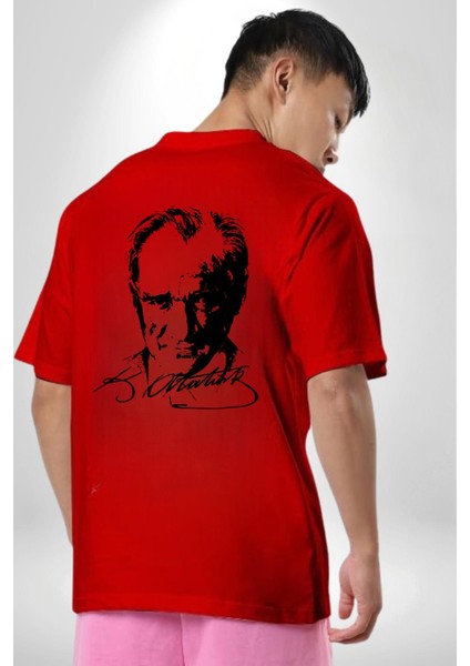 Kemal Atatürk Imza ve Silüet Kırmızı Oversize Kadın Erkek Ön ve Sırt Baskılı T-Shirt fiyatları