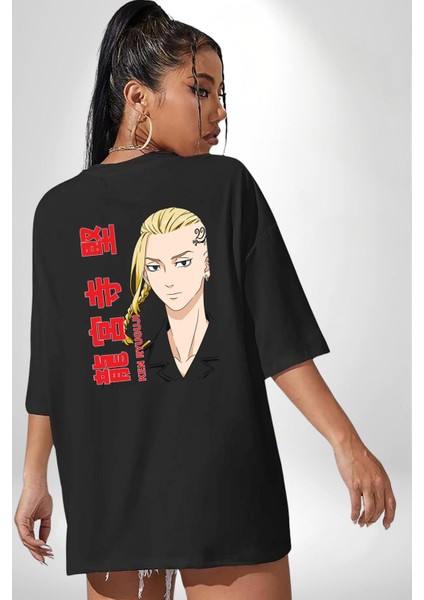 Ken Ryugujı Anime Tokyo Intikamcıları Siyah Oversize Kadın Erkek Ön ve Sırt Baskılı T-Shirt modelleri