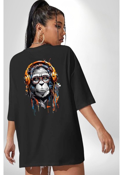 Kulaklık Maymun Müzik Dinliyor Siyah Oversize Kadın Erkek Ön ve Sırt Baskılı T-Shirt indirimleri