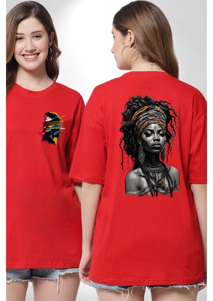 Afrikalı Kadın Sanat Siyahi Kırmızı Oversize Kadın Erkek Ön ve Sırt Baskılı T-Shirt