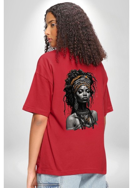 Afrikalı Kadın Sanat Siyahi Kırmızı Oversize Kadın Erkek Ön ve Sırt Baskılı T-Shirt fiyatları