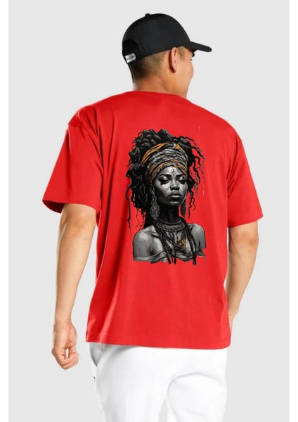 Afrikalı Kadın Sanat Siyahi Kırmızı Oversize Kadın Erkek Ön ve Sırt Baskılı T-Shirt fırsatları