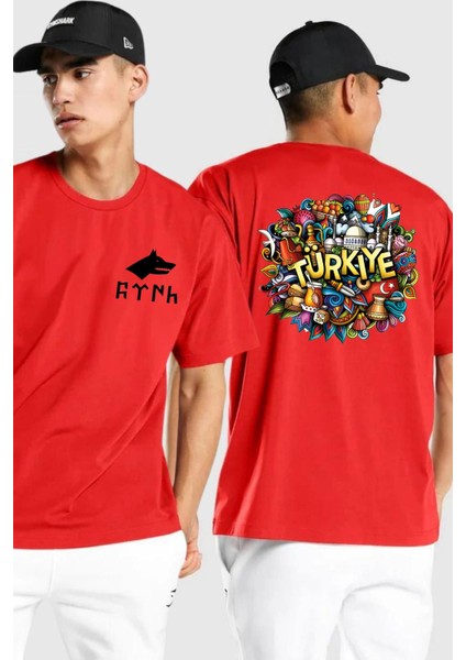 Turkiye Özel Karakterleri Kırmızı Oversize Kadın Erkek Ön ve Sırt Baskılı T-Shirt